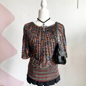 Black Rainbow Knit‎ Sweater Top, Y2K, Funky, Retro, Art Teacher, Large, Grunge